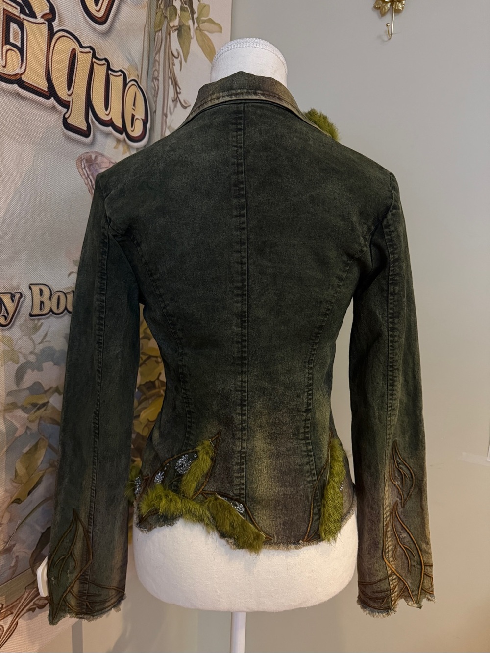 Rabbit Fur Olive Denim Jacket - Picture 5 of 7